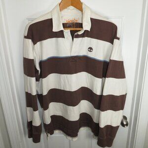 Timberland Rugby Stripe Polo Shirt Brown/White Collar Men's XL* Organic Cotton